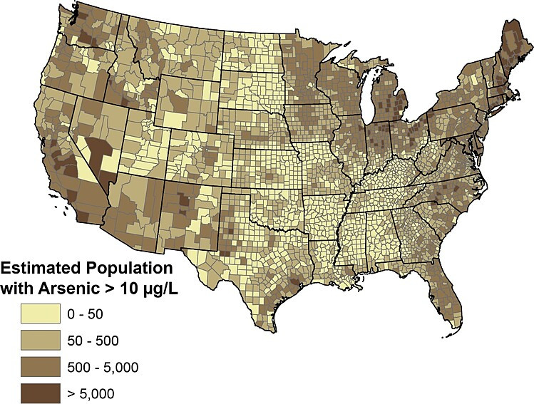 Image from United States Geological Survey Map showing how many private domestic well users have elevated arsenic in their water, by county