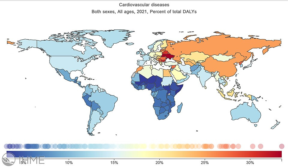 University of Washington Institute for Health Metrics and Evaluation. Global Health Data Exchange Cardiovascular diseases percent of DALYs in 2021