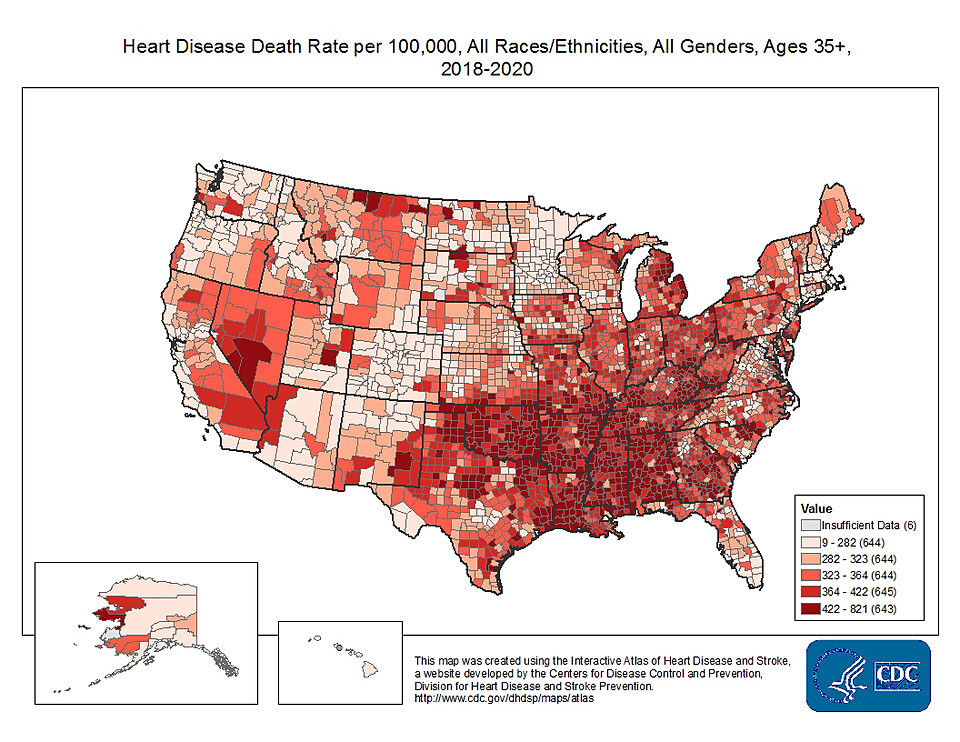 Centers for Disease Control and Prevention. Heart Disease Facts. May 15, 2024. Viewed June 10, 2024 Heart disease death rate per 100,000 in the US, 2018-2020