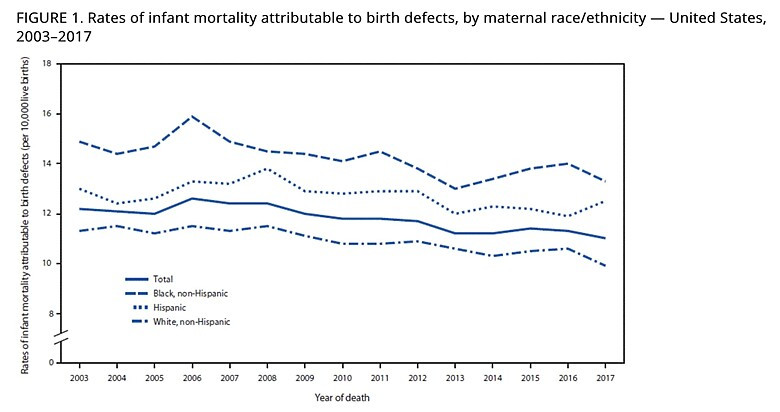 Almli LM, Ely DM, Ailes EC, et al. Infant Mortality Attributable to Birth Defects — United States, 2003–2017. MMWR Morb Mortal Wkly Rep 2020;69:25–29 Rates of infant mortality attributable to birth defects, by maternal race/ethnicity in the US 2003-2017