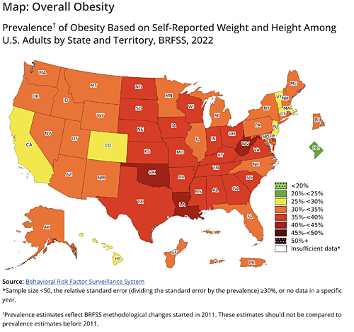 CDC. Adult obesity prevalence maps. National Center for Chronic Disease Prevention and Health Promotion, Division of Nutrition, Physical Activity, and Obesity. September 2023. Obesity Prevalence in the US by State 2022